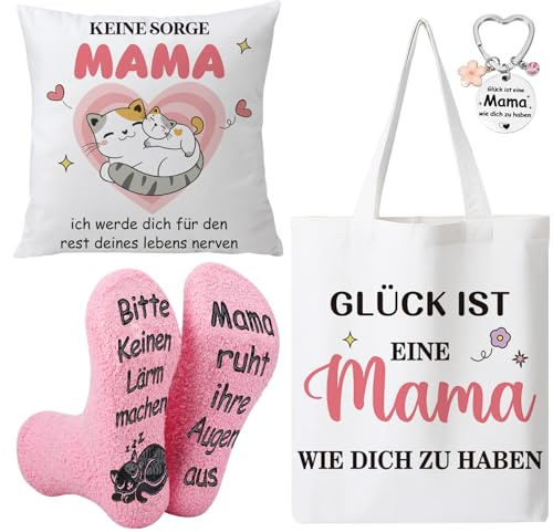 kodinsiivous Mama Geschenk für Oma Geschenk Kissenbezug Brown Jutebeutel mit Schlüsselanhänger und Socken für Frauen Muttertagsgeschenk Geburtstagsgeschenk für Beste Oma und Mama