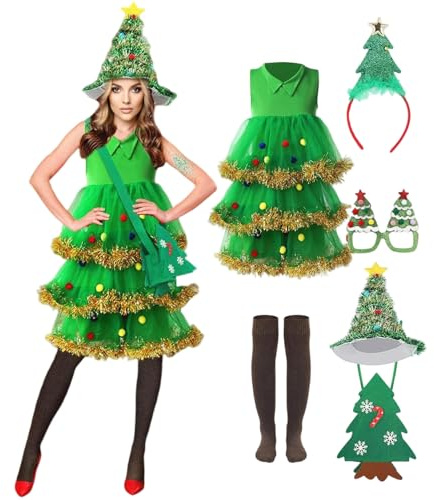 NASSMOSSE Weihnachtsbaumkleid, lustiges Weihnachtsbaumkostüm für Erwachsene, inklusive Mütze, Socken, Umhängetasche und Rahmen für Weihnachtsfeiern (Damen)