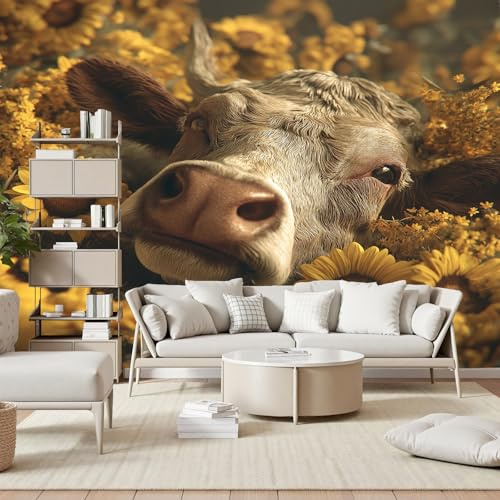 Weidetiere Ochse 3D Fototapete, Sonnenblume Blumenwiese Tapeten Vliestapete, Wandtapete Schlafzimmer Kinderzimmer Wohnzimmer Tapete Abwaschbar Wasserfest 150 x 105 cm (B x H)