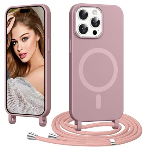 Coiwxmoi Magnetica Cover per iPhone 15 Pro con Cordino Regolabile, [Compatibile con MagSafe] Custodia con Collana Tracolla Laccio Collo Liquido TPU Silicone Lanyard Antiurto Case, Rosa