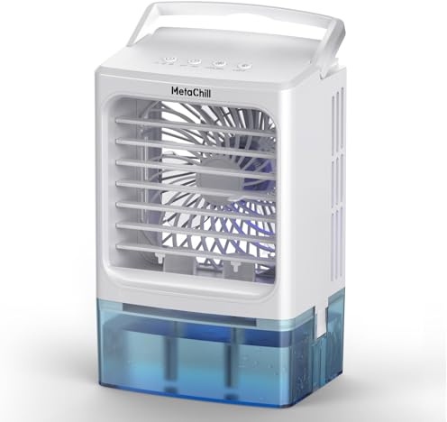 Portable Air Cooler, 4-in-1 Mini Air Cooler With 3 Wind Speed & RGB 7 LED Light & 900ml Water Tank 2-6H Timer, Air Conditioner for Home, Office, Bedroom [Energy Class A+]