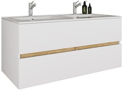 VCM 2-TLG. Doppelwaschtisch Cosila mit großem Keramikbecken – Badschrank mit 2 Softclose-Schubladen, Maße Waschplatz Set: H. 51 x B. 112 x T. 47 cm, Cosila-I
