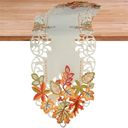 Herbst Tischläufer Tischdecke Weiß gestickt mit bunten Blätter Tischband (ca. 30 x 160 cm)