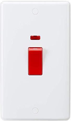 Knightsbridge CU8332N Curved Edge 2 Gang DP Switch and Neon in White with White Rockers, Cooker 45A Red Switch + Neon Large