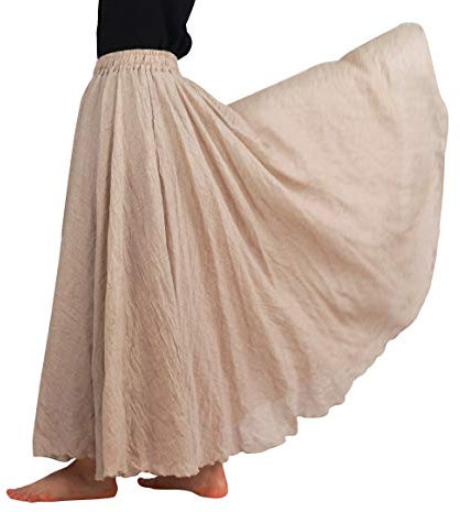 FEOYA Damen Maxi Rock Frauen Baumwolle Leinen Double Layer Elastische Taille Plissee Retro Lang Rock