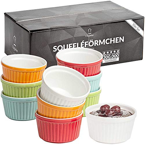 Chefarone Juego de moldes para soufflé, aptos para lavavajillas, cuencos de porcelana para hornear y preparar, mini cazuelas de 200 ml, 10 unidades, multicolor (9 x 7,5 x 5 cm)