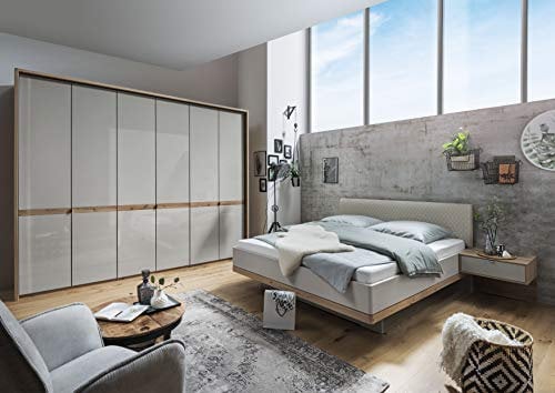 WIEMANN Barcelona Bett, Doppelbett, Bettgestell 180 x 220 cm, Bianco Eiche, Futonbett, schwebend, Komforthöhe, Kopfteil gepolstert, Creme, gesteppt