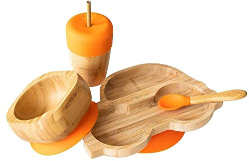 eco rascals Bamboo Gift Set - Complete Weaning Set of Car Plate, Suction Bowl, Matching Spoon & Cup with Straw from 6 Months, Eco Friendly Set for Babies & Toddlers (Car Gift Set Orange)