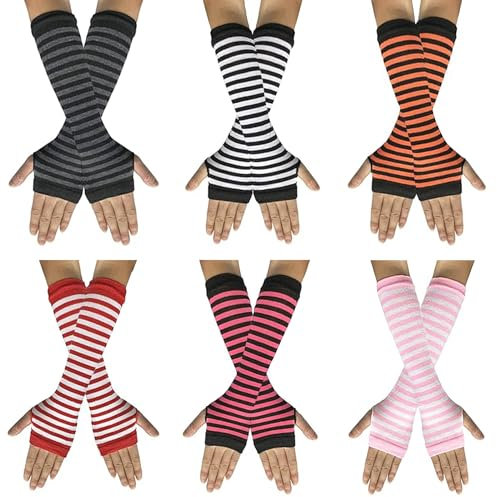 6 Stück Frauen Gestreifte Lange Fingerlose Handschuhe Niedliche Armstulpen Mädchen Für Halloween Cosplay Kostüm Party SG1, Rot, Schwarz, Rosa, Grau, Orange, Rosa, Einheitsgröße