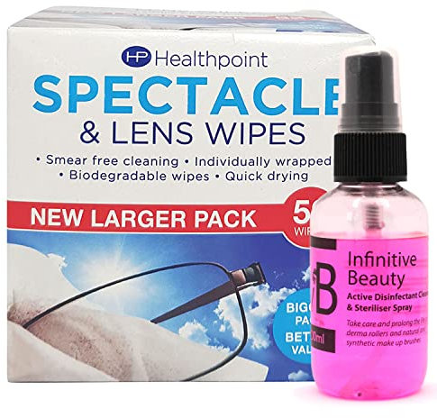 Healthpoint Glasses Wipes & Disinfectant Spray - 1040 Individually Wrapped Lens Wipes - Also Suitable for Cameras, Binoculars & Smartphone Screens (20 Extra Value Packs of 52 = 1040 Wipes)