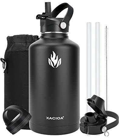 XACIOA Water Bottle Vacuum Insulated 32oz 40oz with Straw Lid,Stainless Steel Drink Flask with Flip Top Bottle Lid,Metal Wide Mouth Double Walled Leak Proof Keeps Hot Cold (Black, 64oz)