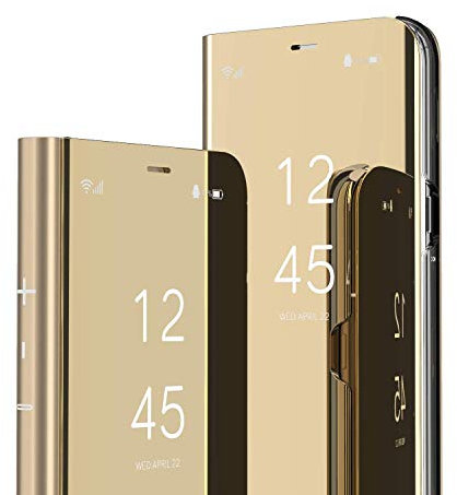 LEMAXELERS iPhone 14 Pro Max Case, Glitter Mirror PU Leather Flip Cover with Kickstand, Gold