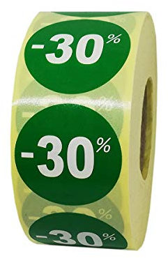 1000 étiquettes soldes - 30% - Pastille ronde Ø 35 mm
