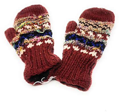 Handgestrickte Wolle und recycelte Seiden-Fäustlinge, Fleece-Futter, handgefertigt in Nepal, dunkelrot