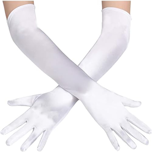 Papoopy Women White Long Gloves for for Wedding, Tea Party, Cosplay, Costume (Satin - White)