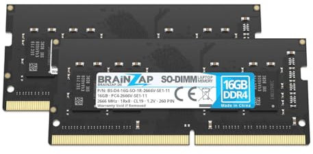 BRAINZAP 32GB DDR4 RAM SO-DIMM PC4-2666V-SE1-11 1Rx8 2666 MHz 1.2V CL19 Notebook Laptop Arbeitsspeicher Unbuffered Non-ECC (2X 16GB)