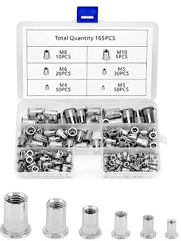 QWORK® 165 Piezas Tuercas Remachables de Acero Inoxidable 304, Remaches Roscados de Cabeza Plana, 6 Tamaños M3 M4 M5 M6 M8 M10