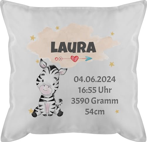 Kissen 50x50 - Zur Geburt - Zebra Geburtsdaten - Mädchen Datum Gewicht Uhrzeit Größe - 50 x 50 cm - Weiß - geburtskissen baby geschenke neugeborene geburtsgeschenk kopfkissen babygeschenke