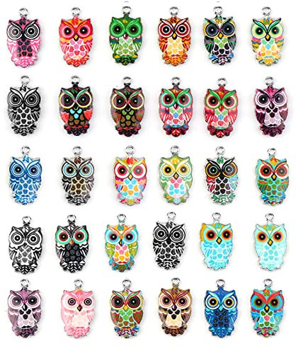 Grevosea 30 Stück Eule Charms Eule Anhänger Bunte Eule Emaille Charms Metall Eule Anhänger Niedliche Tier Schmuck Machen Zubehör für DIY Halskette Ohrring Armband Schlüsselanhänger Handwerk