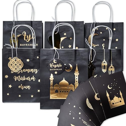 Papierdrachen 6 schwarze Henkeltüten zu Ramadan - wunderschön und hochwertig gold bedruckt - ideal zum Verpacken von Geschenken - mit Anhängern und Postkarten - Set 2