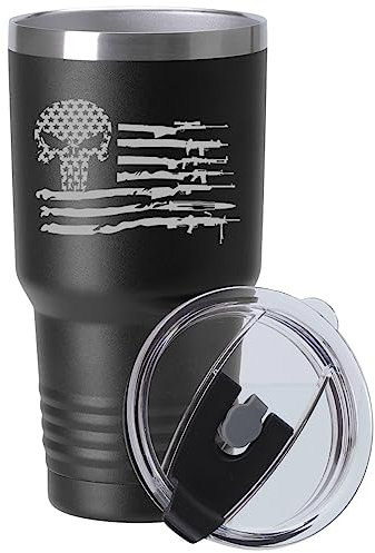 Grubby Garb Vaso de viaje grabado con tapa, serie de la bandera estadounidense (30 onzas líquidas, pistola de rayas y estrellas) vaso de acero inoxidable aislado al vacío con tapa de plástico