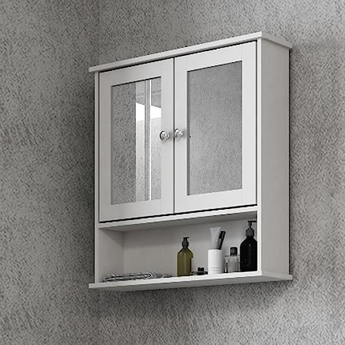 URBNLIVING Bathroom Modern Wall Cabinet With 2 Doors Mirrors Shelves Bath Medicine First Aid Toiletries Wall Mounted Storage Cabinet (White)