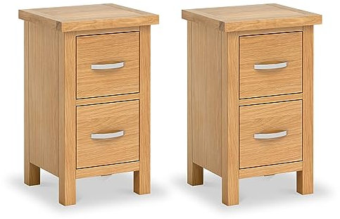London Oak Slim Bedside Table Set of 2 Storage Cabinet Units | Pair of Roseland Furniture Solid Wooden Side End Night Stands with 2 Drawers for Bedroom, Bathroom, Office | Fully Assembled