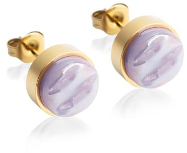 Kleine Ohrstecker gold mit Stein • Lila Ohrringe für Damen • Nachhaltiger Modeschmuck aus Edelstahl & recyceltem Glas mit Perlmutt Optik • Ø 9mm