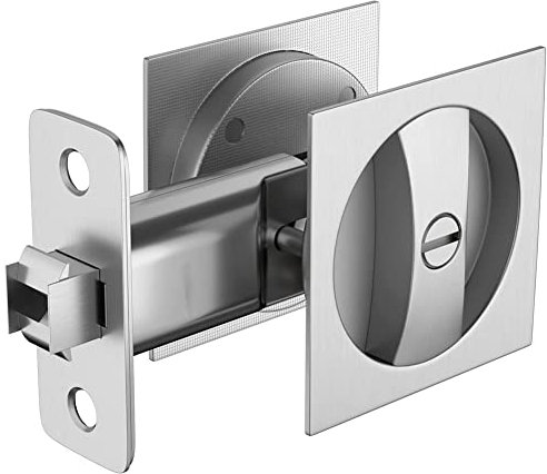 Qezodsx Bed/Bath Pocket Door Lock Satin Nickel Contemporary Privacy Square Pocket Door Hardware, Sliding Pocket Door Latch