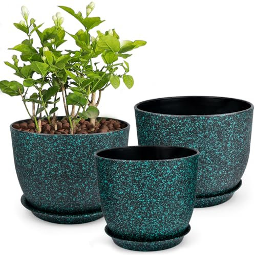 HUMOKI Plant Pots Indoor, 20|23|25cm Plant Pots 3Pack, Black Plastic Plant Pots with Green Speckles, Plastic Planters with Drainage Holes and Saucers, Flower Pots, for House Plants | Flowers Plants
