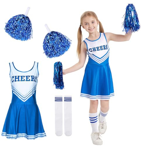 DAZZTIME Cheerleader Kostüm Kinder,Cheerleader Kostüm Damen,Cheerleadering Outfit Mädchen,Kinderkostüm Cheerleader,Kinder Cheer Outfit mit Pompoms Socken,für Karneval Halloween,Fasching,Mottoparty.