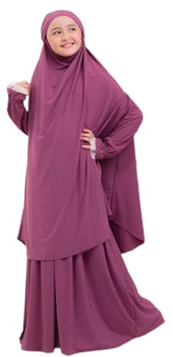Gebetskleidung f?r M?dchen Kinder Muslimische Kleider Lang Khimar mit Rock Set Arabische Islamische Kleinkinder Hijab Kleid Gebetskleid Abaya Kaftan Maxikleid Mittlerer Osten Dubai Robe Lila 3-4J
