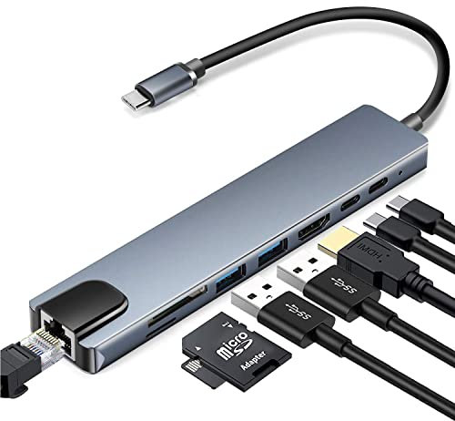 INF Hub USB-C de 8 puertos, Adaptador USB, Duplicador USB C para dispositivos USB como teclados, discos duros externos, monitores HDMI, cargadores y cables de red, 15,33 x 3,24 x 1,4 cm