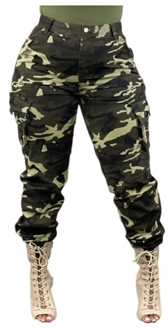 DINGJIUYAN Cargohose für Damen, Camouflage, Militär, taktische Arbeitshose mit Taschen, Übergröße, hohe Taille, Bündchen, lässige Haremshose, grün, M