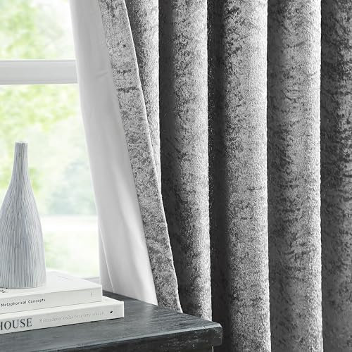Bujasso Charcoal Velvet Room Darkening Curtains 72 inches Long Crushed Velvet with Microfiber Lining Window Curtains for Living Room Pencil Pleat Window Drapes Set of 2 Panels W66 x L72 Charcoal