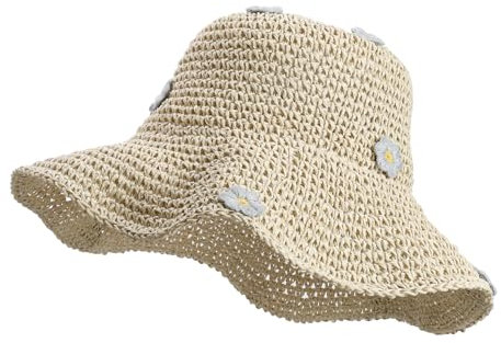 MILAKOO Paille Seau Chapeau de Soleil DéCoration Florale Large Bord Casquette D'éTé pour La Plage Tissé Casquette pour Les Femmes