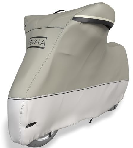 REVALA® Motorrad Abdeckplane Outdoor & Indoor | Wetterfeste Motorrad Garage | wasserdichte Motorradplane für Roller | Robuste Roller Abdeckung für draußen | Hitzebeständig + Tasche | 225x100x125cm