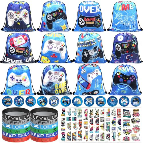 Videospiel Party Mitgebsel, Video Game Theme Boy Video Game Bags Drawstring Goodie Treat Bags, Armbänder, Badge, Tattoo Aufkleber, für Klassenzimmer Preise Jungen Kinder Geburtstag Party Supplies