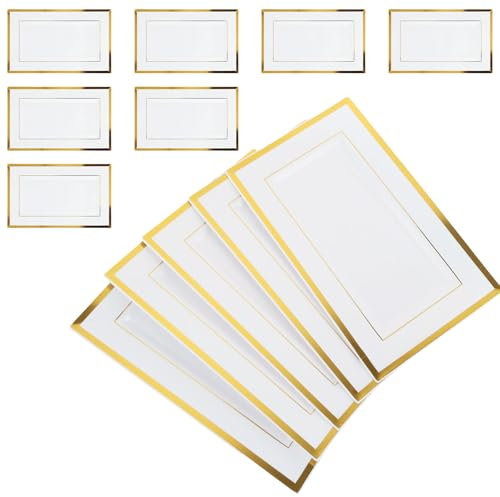 VIDETOL 12 Pcs Plastic Serving Tray, 13x8 Inch Rectangle Serving Platters, White & Gold Reusable Food Servings Tray for Parties, Birthdays, Weddings and Graduation Parties