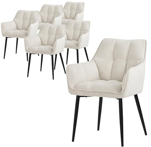 ML-Design Esszimmerstühle 6er Set aus Frotteestoff, Creme, Küchenstuhl mit dickem gepolsterter Sitz & Metallbeinen, Wohnzimmerstuhl mit Rücken- und Armlehnen, Polsterstuhl, Ergonomischer Loungesessel