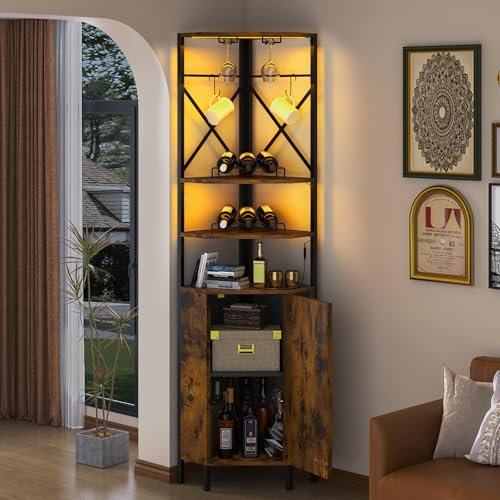 UVANIOHOM 6-stöckiger Eck-Barschrank mit Steckdose und LED-Licht, industrieller Weinschrank mit Glashalter und 2 flexiblen Haken, Bauernhaus-Likörschrank mit Tür für kleinen Raum, Küche, rustikales