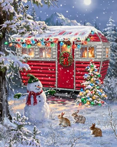 Springbok's Snowy Retreat 1000 Piece Jigsaw Puzzle is a Fun Holiday Image Featuring a Camper Glowing in Holiday Decor