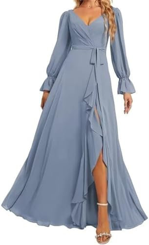 KURFACE Plus Size Dusty Blue Bridesmaid Dresses with Slit Long Sleeve Chiffon V Neck Fall Formal Evening Party Dress UK26