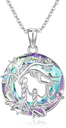 Waysles Damen Baum des Lebens Halskette 925 Sterling Silber Mutter und 2 Kinder Kette mit Kreis Kristall Lebensbaum Rund Anhänger Mama Tochter Schmuck Geschenke für Mädchen- Rosa