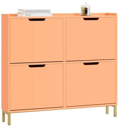 SoBuy Schuhschrank schmal mit 4 Klappen platzsparender Schuhkipper Hoch Kommode mit 8 Ablagen Schuhregal geschlossen Shoe Cabinet Flurschrank für Diele, Flur, Garderobe 100x91x19cm Rosa FSR100-RS