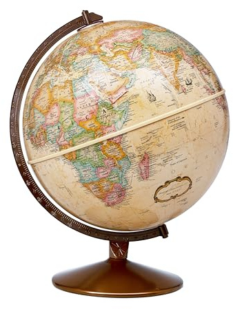 Replogle Globes Franklin World Globe, Antique Ocean, 12-Inch Diameter, Raised Relief (3-Dimensional Relief for Mountain Ranges). This Easy to assemble globe features over 4000 place names including political borders and provincial borders, shipping routes, detailed lakes, rivers, tributaries and canals. Held by a sturdy metal stand. (Ready To Assemble)