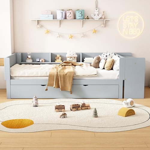 REXO 90×200cm, Flachbett, mit ausziehbarem Bett, mit Schreibtisch, DREI Regale an der Seite des Bettes (grau)