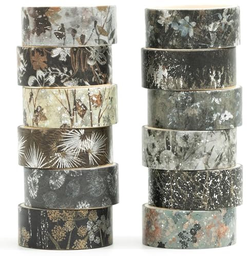 Songdao Blumen Washi Tape Set 12 Rollen Silber Dekoratives Klebeband Bunt für Scrapbooking, Bullet Tagebuch, Planer, Geschenkverpackung (Mystic Shadows)