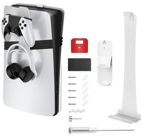 LiLiTok FP5 Pro Wandhalterung, Stabiler Metallständer mit Controller und Headset-Halterung für PS5 Pro /PS5 Slim Disc Laufwerk & Digital Edition Wandhalterung Zubehör (Weiß)