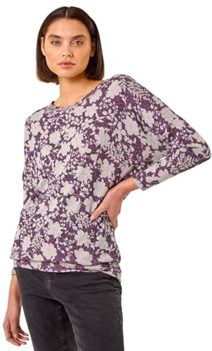 Roman Originals Blouson Top for Women UK Ladies Drop Shoulder Long Sleeve Jersey Stretchy Oversized Casual Office Jumper Soft Everyday Sweater Lounge Sweatshirt Blouses - Pink Purple - Size 10